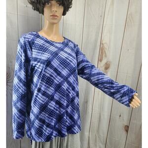 Denim & Co Women L Velour Pullover Hi-Low Hem Royal & Lt Blue Plaid Pattern